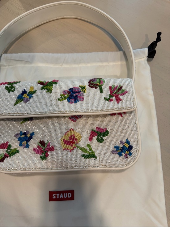 STAUD Handbags - STAUD White Beaded Floral Shoulder Bag